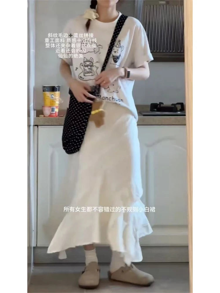 Women's White Y2k A-line Skirt Elegant Harajuku Oversize Long Skirts Streetwear 90s Aesthetic Vintage Skirt 2000s Clothes Summer