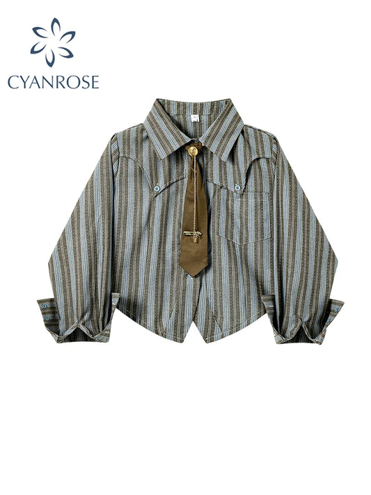 Women Striped Shirts Blouses Vintage Harajuku 90s Aesthetic Y2k 2000s Elegant Polo-Neck Long Sleeve Shirts 2000s Clothes Autumn