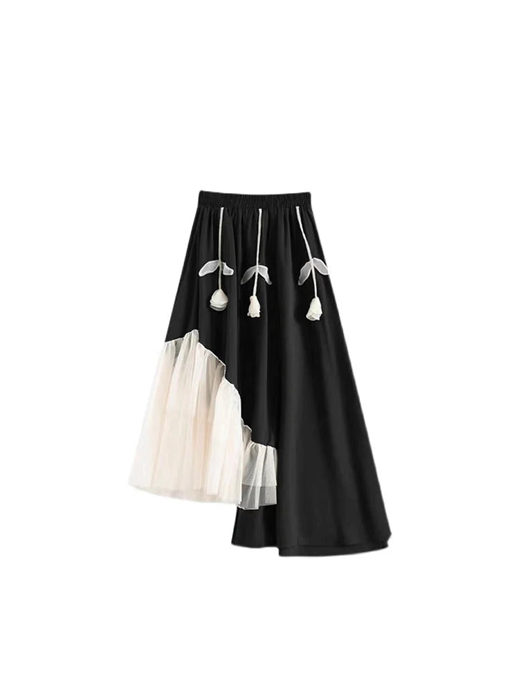 Women Black Gothic Y2k A-line Skirt Elegant Harajuku Patchwork Mesh Skirts Aesthetic Vintage 3D Floral Long Skirt 2000s Clothes