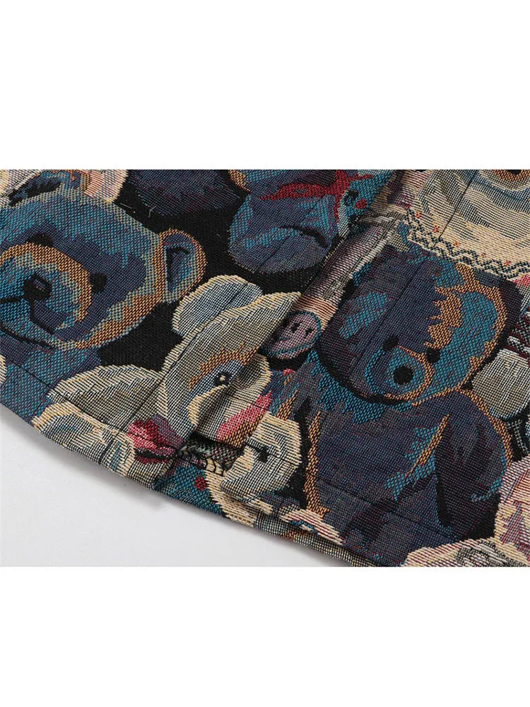 Women Harajuku Bear Pattern Skirts Korean High Waist A-Line Falda Mujer Vintage Jacquard Cartoon Streetwear Trendy Female Skirt