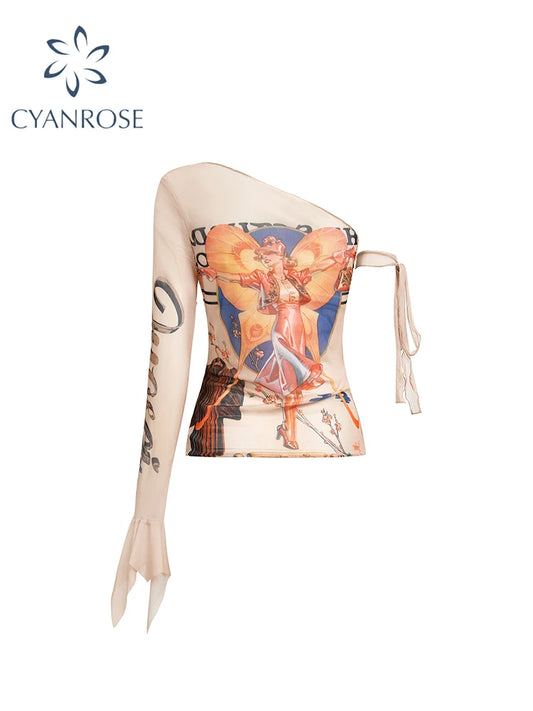 Women's Graphic Print T-shirt Harajuku Korean Y2k Aesthetic Fashion Vintage Long Sleeve Slim T-shirts Clothes 2000s Clothes 2024