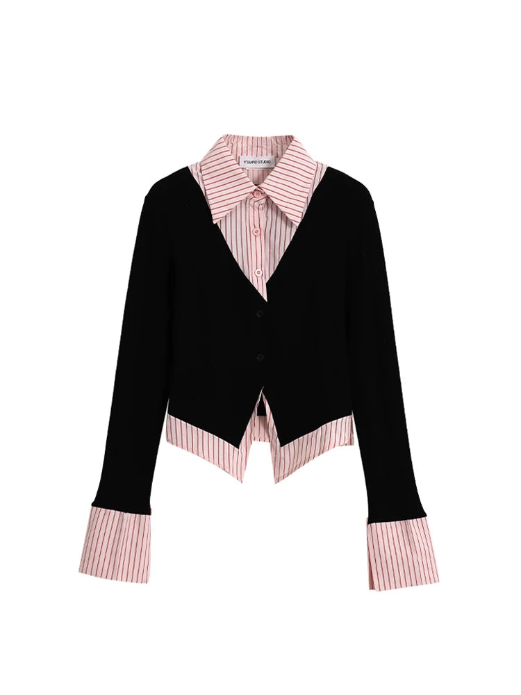 Y2K Pink Patchwork Blouse - Korean Vintage Long Sleeve 2025 Autumn