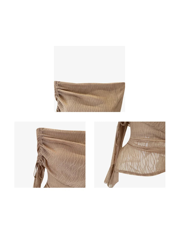 Women's Khaki Slash Neck T-shirt Harajuku Korean Y2k Tee Top 2000s Clothes Aesthetic Fashion Long Sleeve Vintage T-shirts Autumn