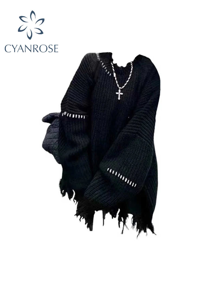 Women Black Gothic Pullover Sweater Harajuku Long Sleeves O-Neck Soft Knitted Sweaters Vintage 90s Y2k 2000s Clothes Autumn 2024