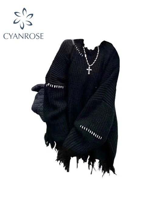 Women Black Gothic Pullover Sweater Harajuku Long Sleeves O-Neck Soft Knitted Sweaters Vintage 90s Y2k 2000s Clothes Autumn 2024