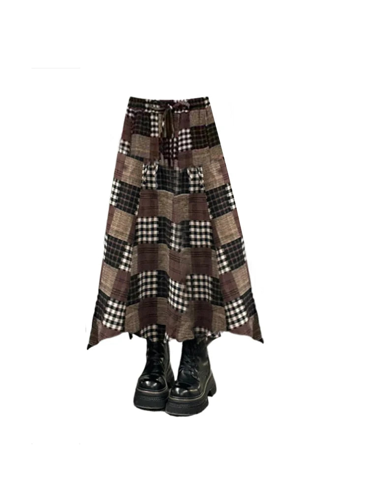 Women's Khaki Y2k Plaid Skirt Elegant Harajuku Long Skirts Streetwear 90s Aesthetic Vintage Patchwork Skirt 2000s Clothes 2025