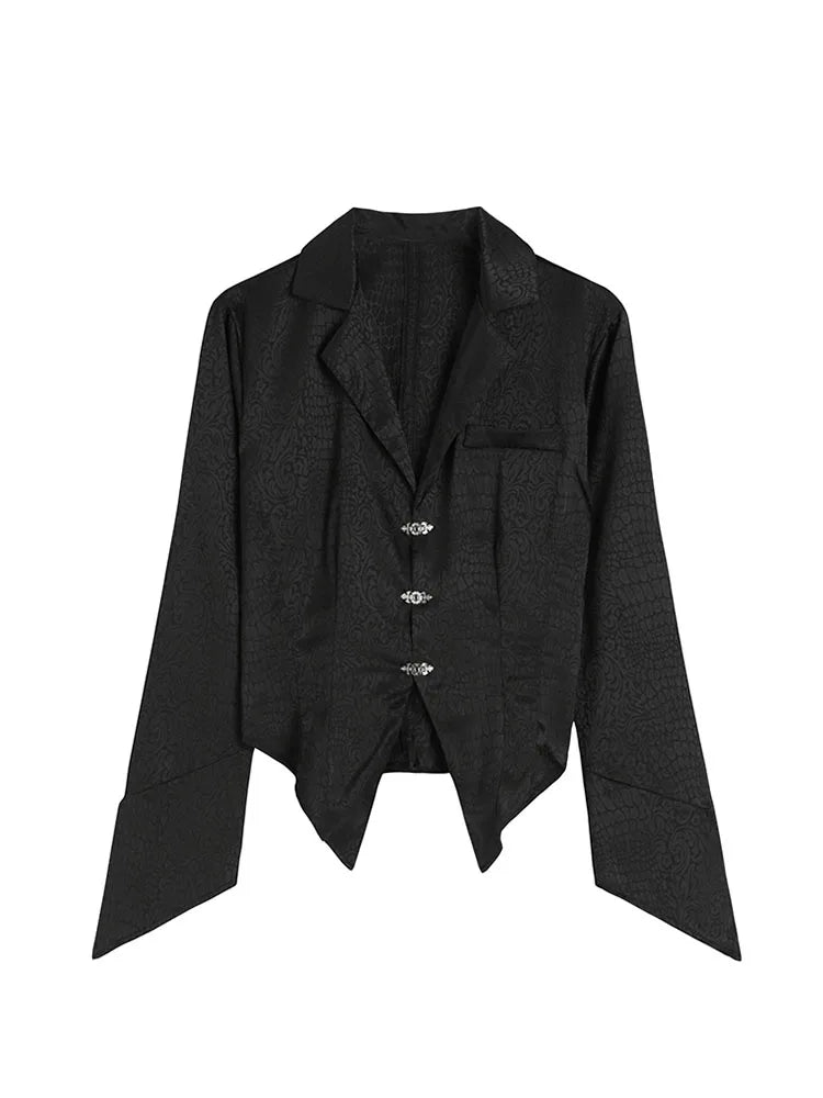 Women's Jacquard Blouse - Black Notched Collar Loose Tunic Office Elegant