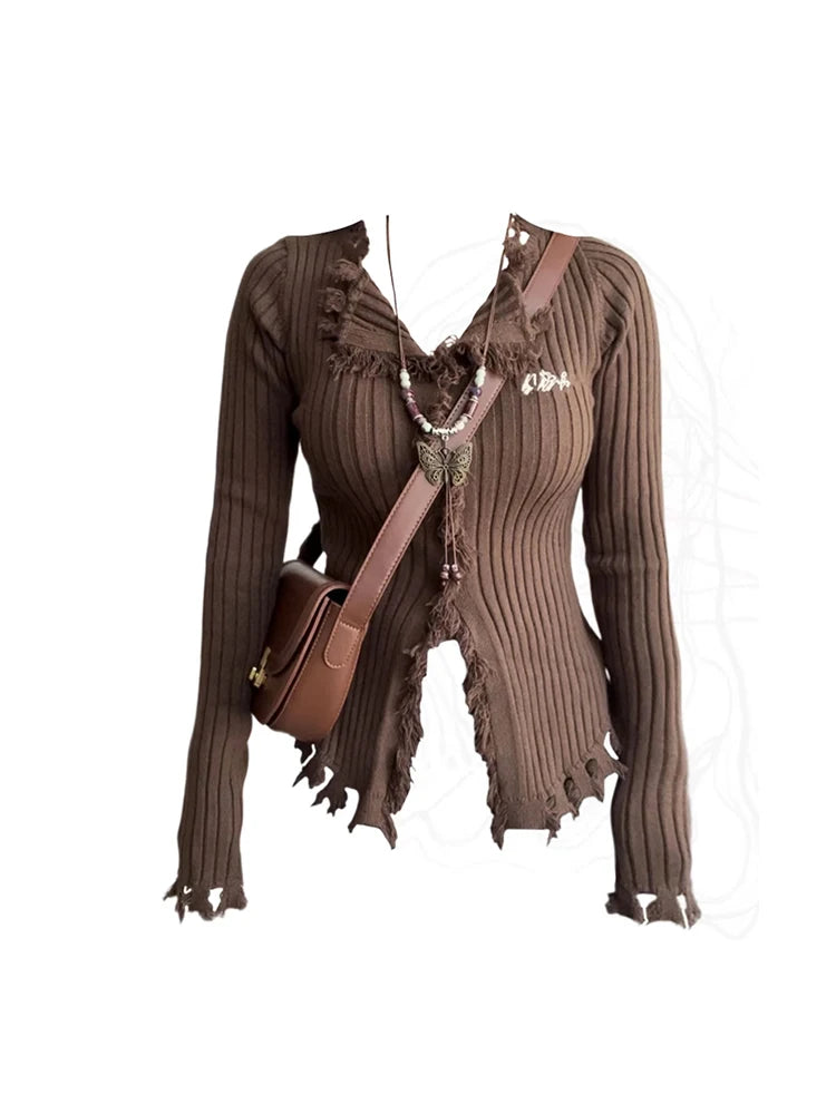 Women Brown Cardigan Knitted Sweater Harajuku Korean Y2k Long Sleeves V-Neck Sweaters Jumper Fashion Vintage 2000s Clothes 2024