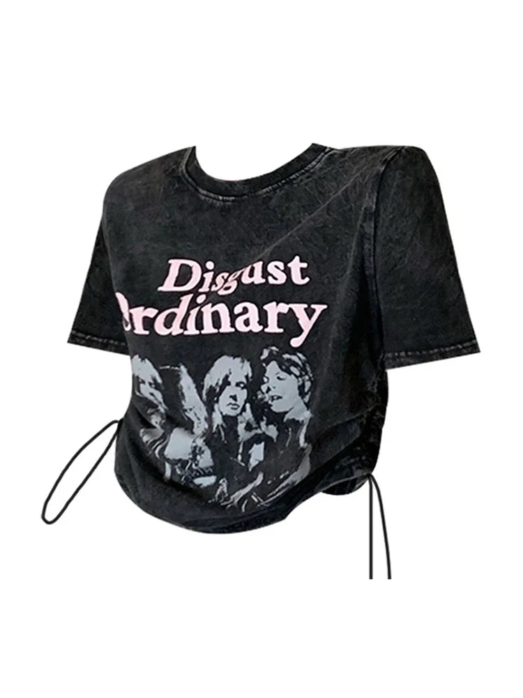 2023 Summer Funny Shirt Women T-Shirts Y2k Harajuku Fashion Korean Vintag Print Crop Tops Vintage Short Sleeve Gothic Black Tee