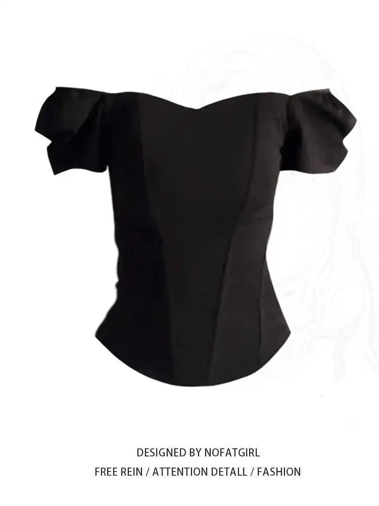 Women's Black Shirts and Blouses Y2k Aesthetic Streetwear Vintage Korean 2000s Elegant Short Sleeve Square Collar Shirt Clothes