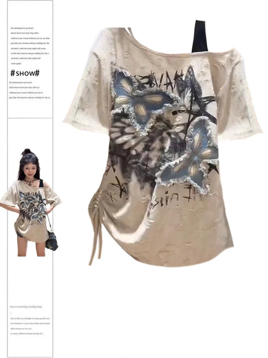 Women's Graphic Print T-shirt Harajuku Y2k Tee Top Vintage Elegant Aesthetic Oversize Short Sleeve T-shirt 2000s Clothes Summer