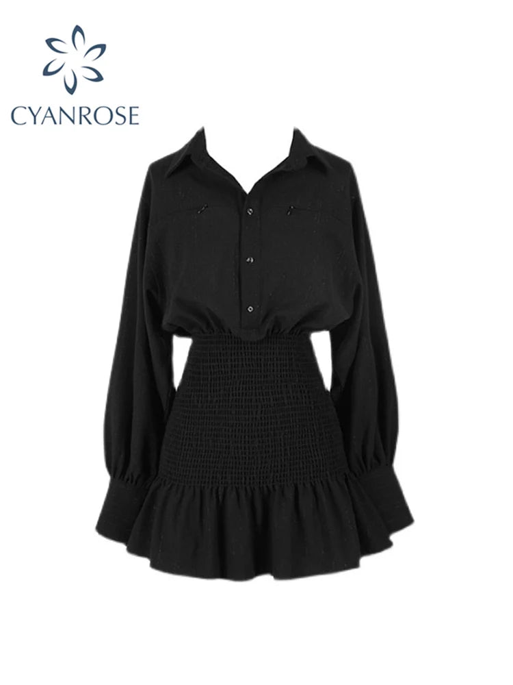 Black Gothic Women's Shirt Dress French Style Vintage Retro Dress Long Sleeve Casual Chic Elegant Tunic High Waist Sundress 2025