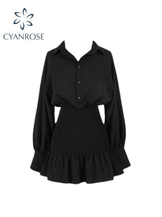 Black Gothic Women's Shirt Dress French Style Vintage Retro Dress Long Sleeve Casual Chic Elegant Tunic High Waist Sundress 2025