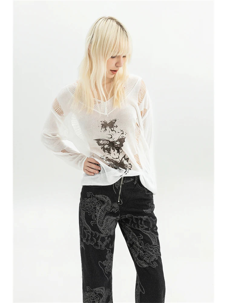 Women's Torn T-shirt Harajuku Korean Y2k Ripped Tee Top Vintage 90s Aesthetic Long Sleeve V-Neck T-shirt 2000s Fashion Clothes