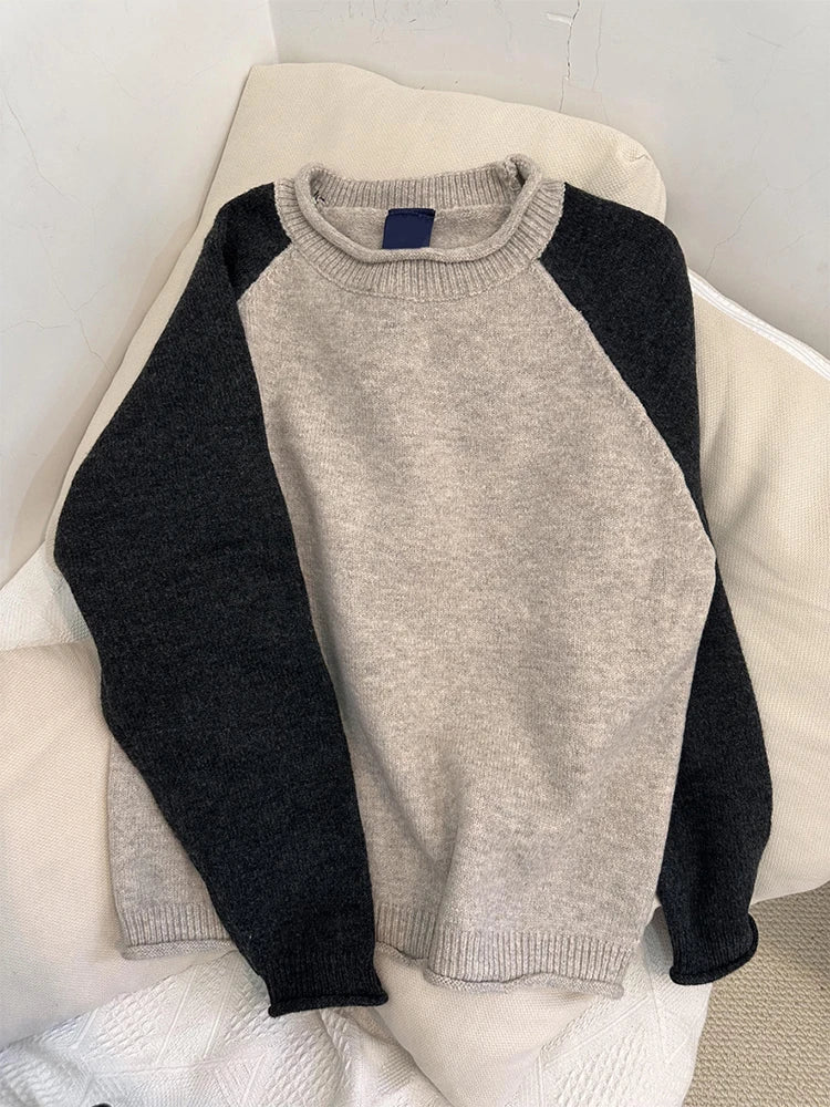 Women's Patchwork Pullover Sweater Harajuku Long Sleeves Two-tone Sweaters Jumper Vintage Y2k 2000s Clothes Fashion Winter 2024