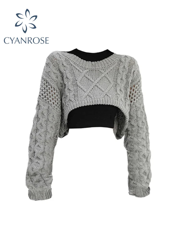 2022 Autumn New Women Solid Color Pullover Sweater Hollow Out Knitted Long Sleeve Cropped Sweater Korean Style Casual Fashion