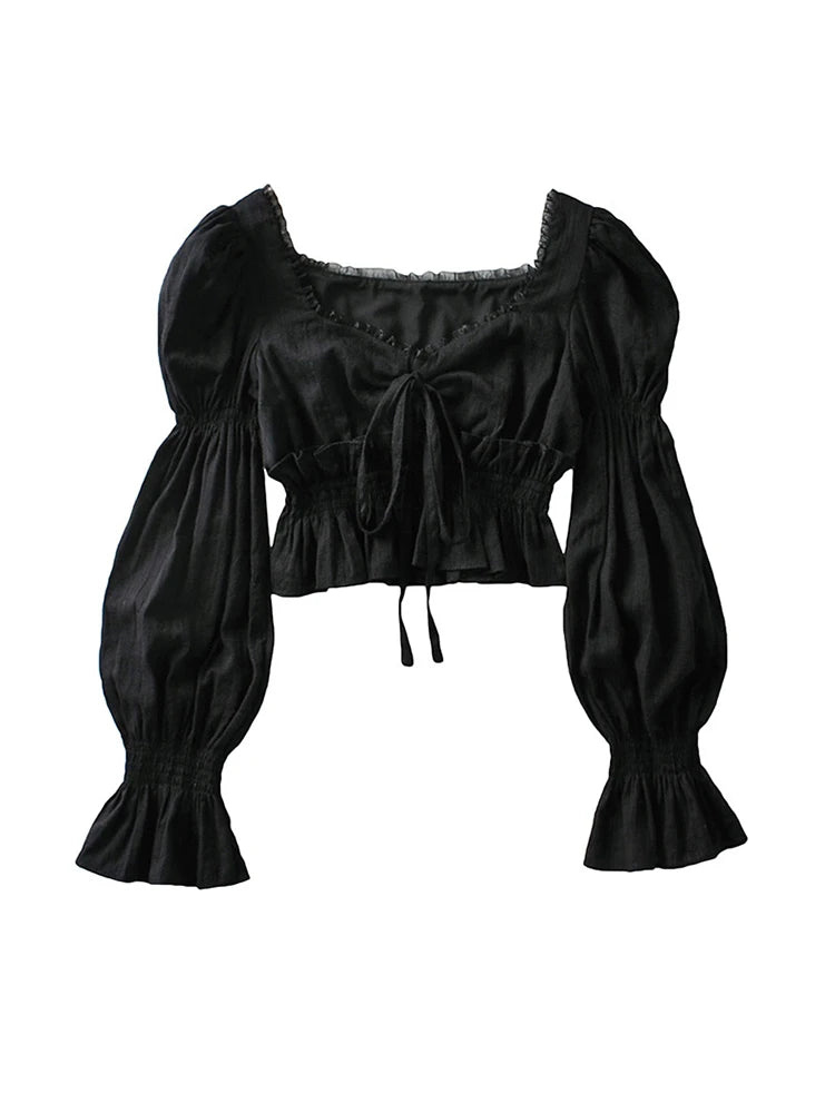 French Pleated Lantern Long Sleeve Shirt For Women's 2022 Spring And Autumn New Vintage White Square Collar Blouse Tops Female