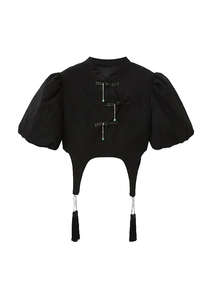 2022 Summer Crop Top Loose Casual Shirt Women Puff Sleeve Turtleneck Gothic Vintage Harajuku Shirt Fashion Chinese Style Blouse