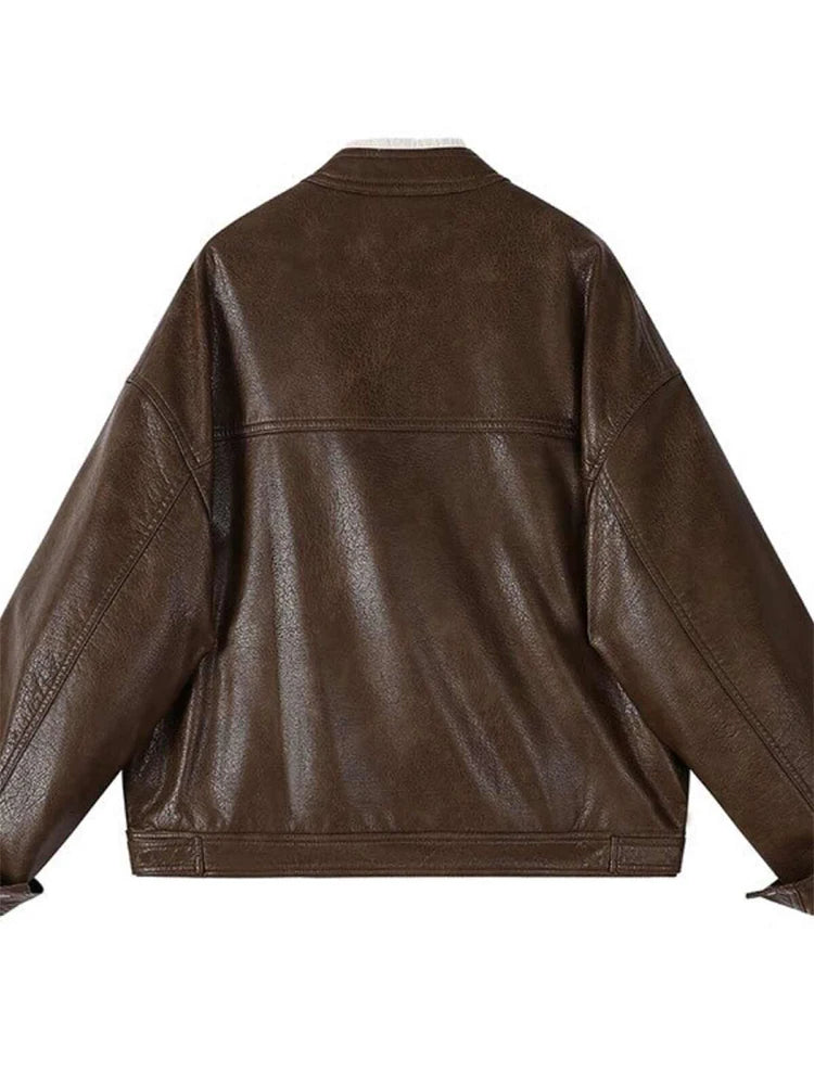 Women's Brown Leather Jacket Emo Mustang Coat Harajuku Vintage Long Sleeve Motorcycle Jacket Outerwear 2000s Clothes Winter 2024