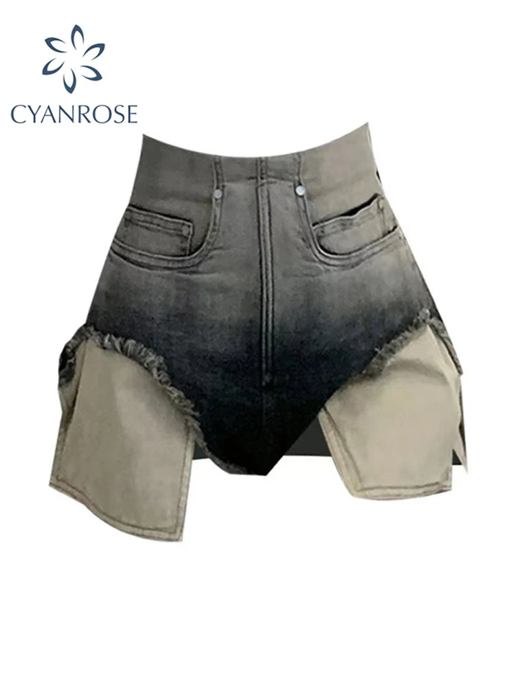Women's Denim Shorts Grey High Waist Wide Shorts Harajuku Korean Style Y2k Casual Gradient A-line Jeans Short Pants Summer 2023