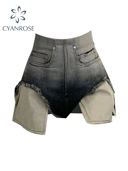 Women's Denim Shorts Grey High Waist Wide Shorts Harajuku Korean Style Y2k Casual Gradient A-line Jeans Short Pants Summer 2023