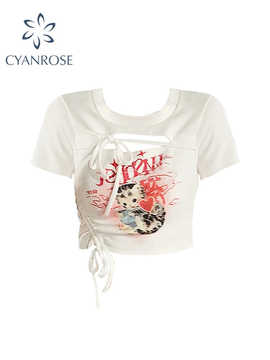 2022 Summer Women Sexy T-Shirts Print Crop Top Girls Short Sleeve Punk Harajuku Fashion Vintage Hollow Out O-neck Cute Tee Tops