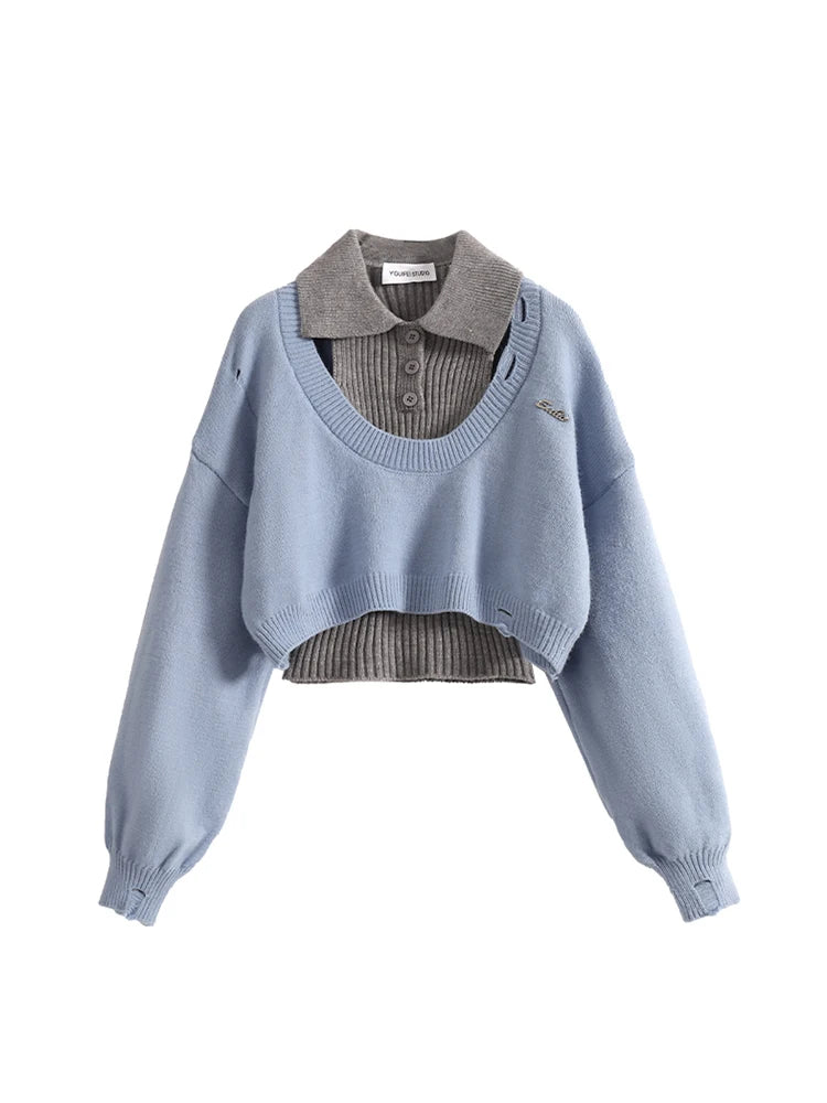 Women Two-piece Set Coffee Pullover Sweater Aesthetic Y2k Elegant Vintage Long Sleeves Knitted Jumper Sweater 2000s Clothes 2024