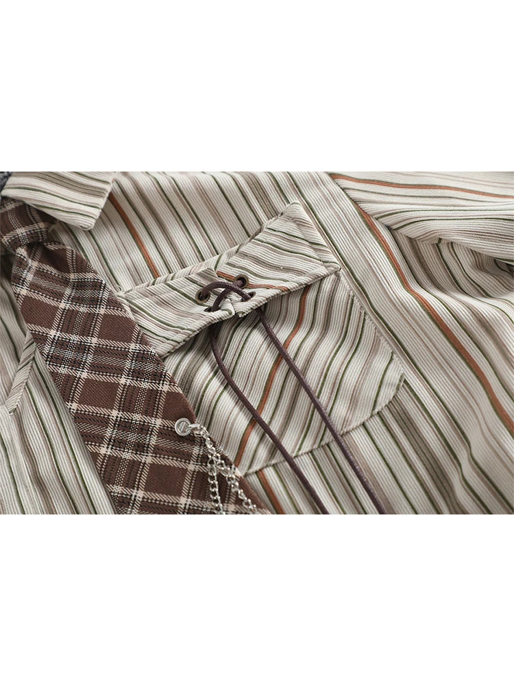 Women's Striped Shirts Blouses Y2k Aesthetic Streetwear Vintage Korean 2000s Elegant Long Sleeve Polo-Neck Shirt Clothes Summer