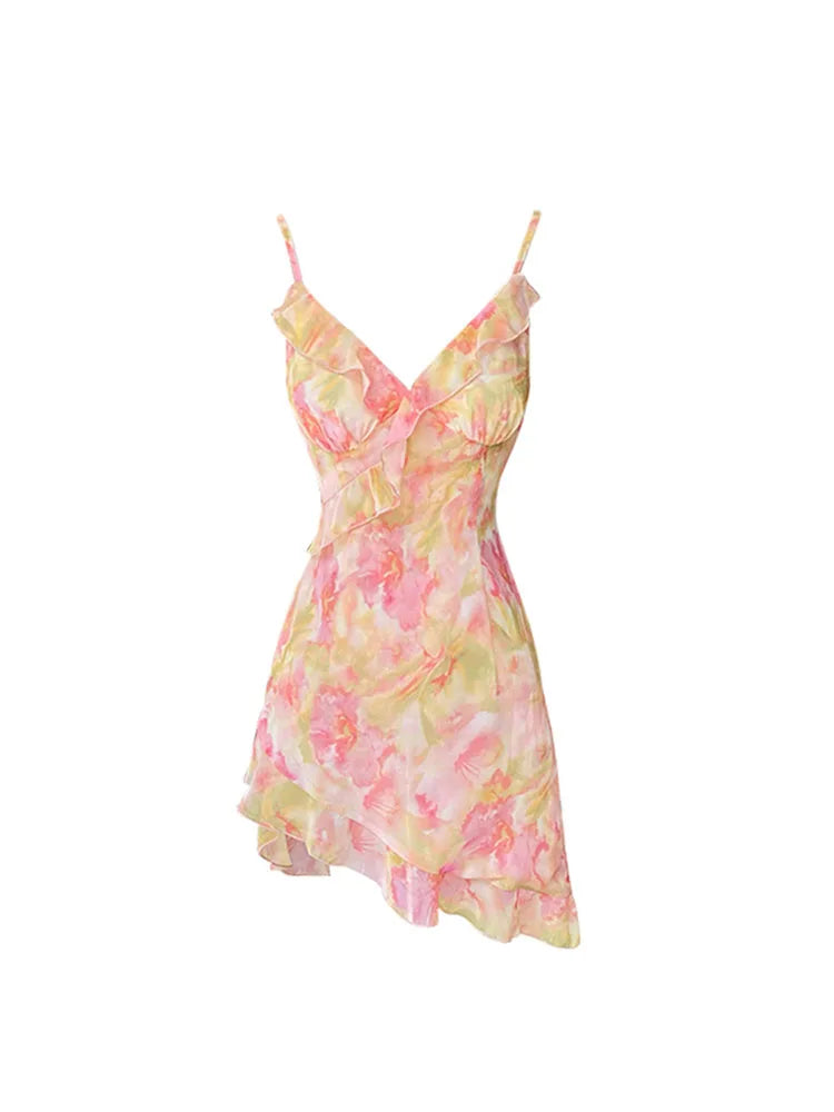 Women Sexy Backless V-Neck Floral Print Suspender Dress Fashion French Elegant Holiday Party Club Sweet Mini Dress 2025 Summer