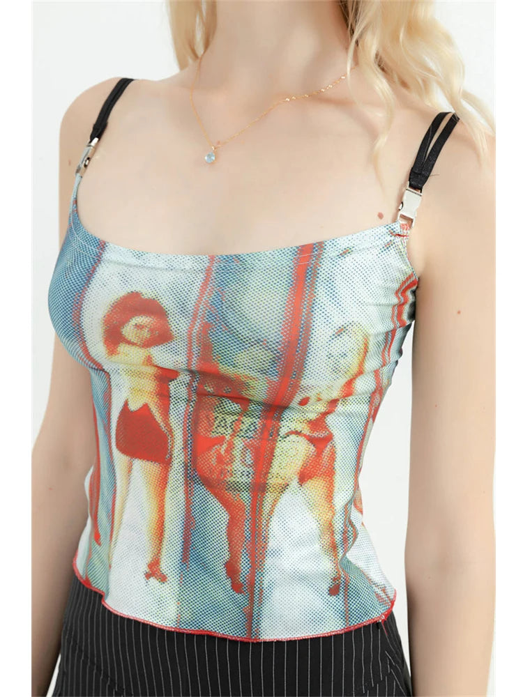 Sexy Slim Spaghetti Strap Camisole Graphic Print Tank Top Y2K Female Vintage Fashion Off Shoulder Vest Women's Crop Top Summer