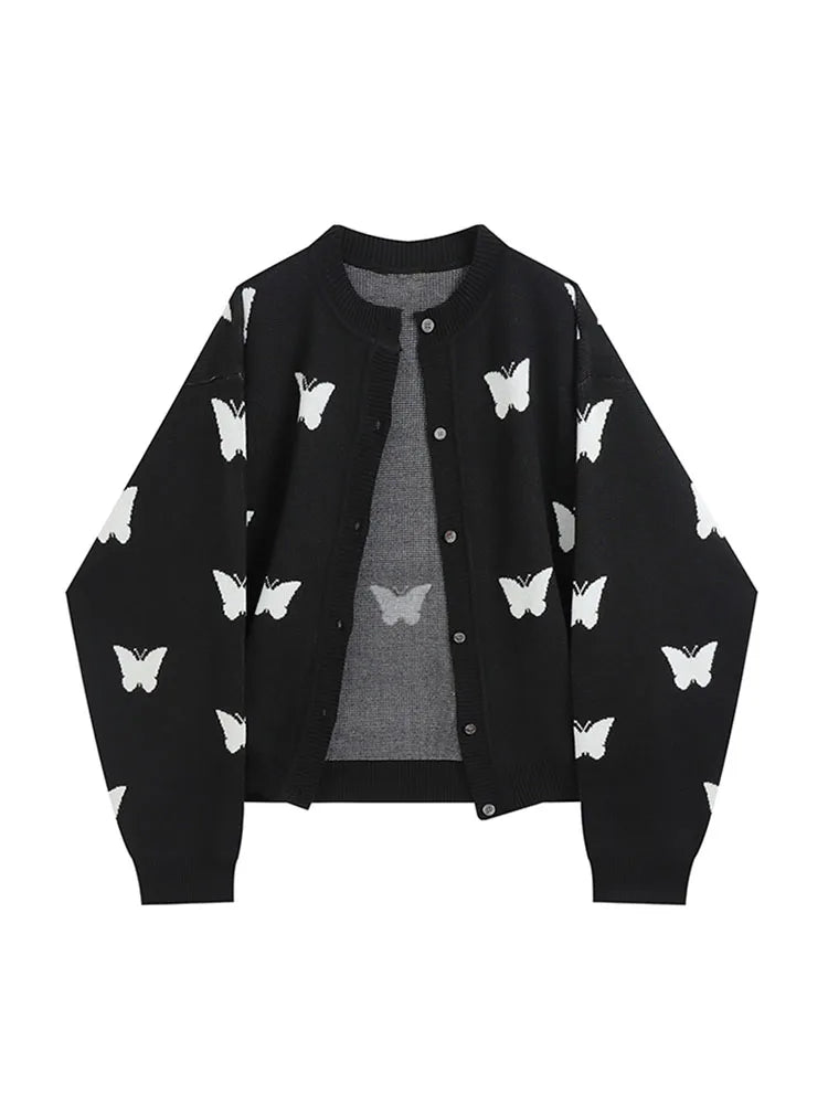 Korean Fashion Y2k Cardigan Women Butterfly Pattern Autumn Vintage Harajuku Long Sleeve Gothic Black Loose Casual Female Sweater