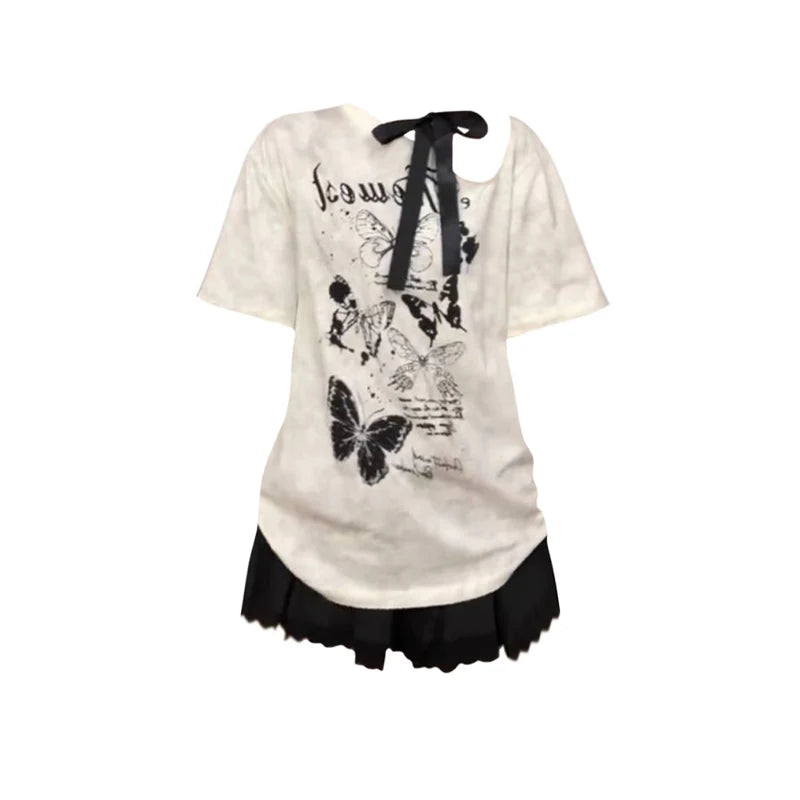 Women Short Sleeve Graffiti Print T-shirt Harajuku Korean Y2k Tee Top Aesthetic Streetwear Vintage T-shirts 2000s Clothes Summer