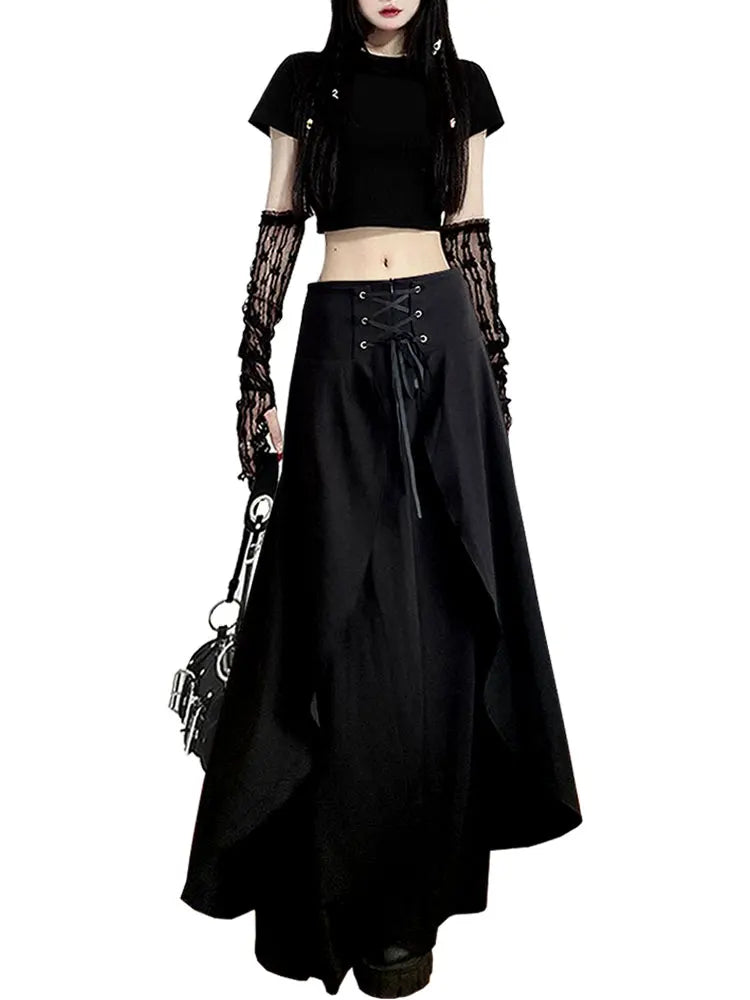 Women's Black Gothic A-line Skirt Vintage 90s Aesthetic Streetwear Y2k Long Skirt Harajuku Korean Emo Skirt 2000s Clothes 2024