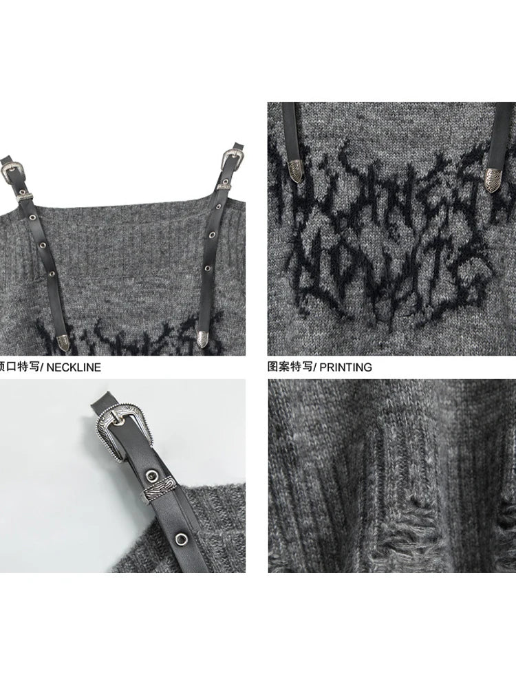 Women's Grey Pullover Knitted Sweater Harajuku 90s Aesthetic Y2k Long Sleeves Sweaters Jumper Fashion Vintage 2000s Clothes 2024