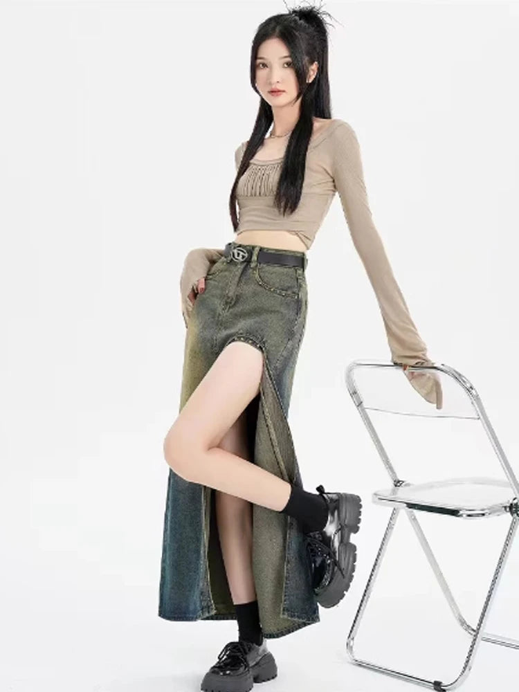 Women's Blue A-line Denim Skirt with Slit Vintage Aesthetic Y2k Jean Skirt Harajuku Korean Long Skirt 2000s Clothes Summer 2024