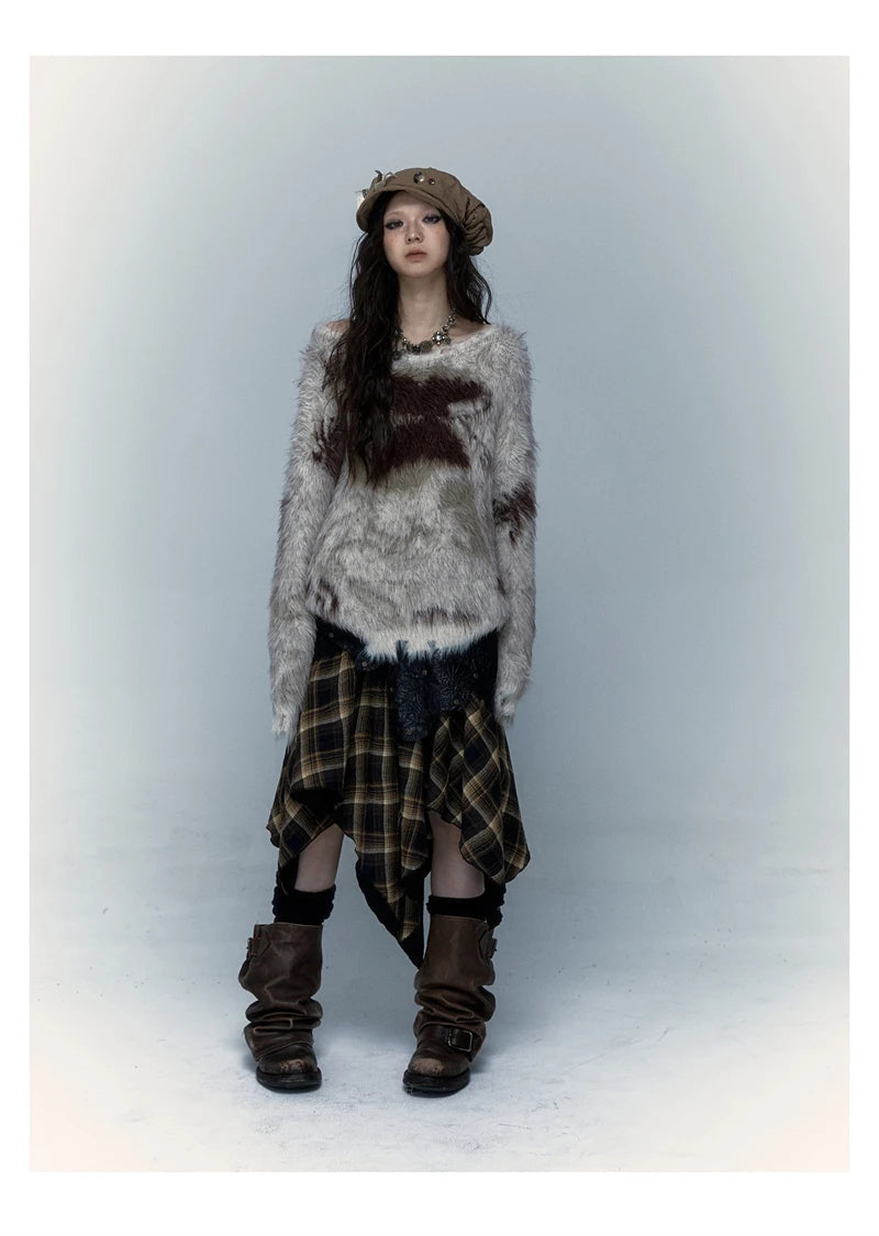 Women's Khaki Mohair Pullover Knit Sweater Harajuku Y2k Long Sleeves O-Neck Sweater Vintage 90s 2000s Aesthetic Fashion Clothes