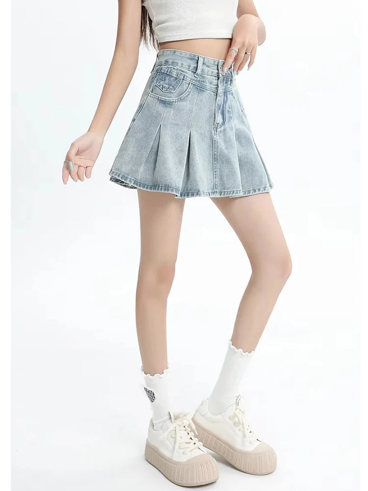 Women's Blue A-line Denim Pleated Skirt Vintage 90s Aesthetic Y2k Jean Skirt Harajuku Korean Cowboy Skirts 2000s Clothes Summer