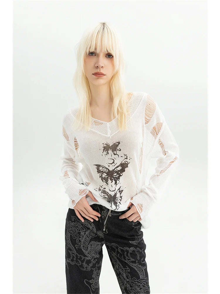 Women's Torn T-shirt Harajuku Korean Y2k Ripped Tee Top Vintage 90s Aesthetic Long Sleeve V-Neck T-shirt 2000s Fashion Clothes