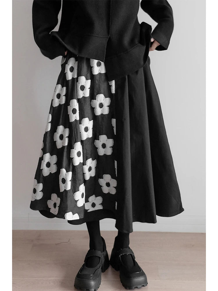 Women's Black Gothic A-line Floral Skirt Y2k Long Skirt Harajuku Elegant Patchwork Skirts 2000s 90s Vintage Emo Clothes Summer