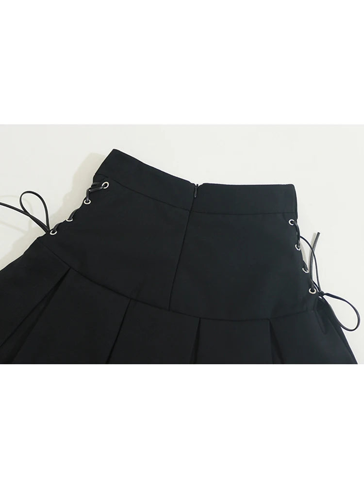 Women's Pleated Skirt Kawaii Gothic Black Mini Skirt Korean High Waist Y2k Harajuku Vintage Bandage A-line Skirt Clothes Summer
