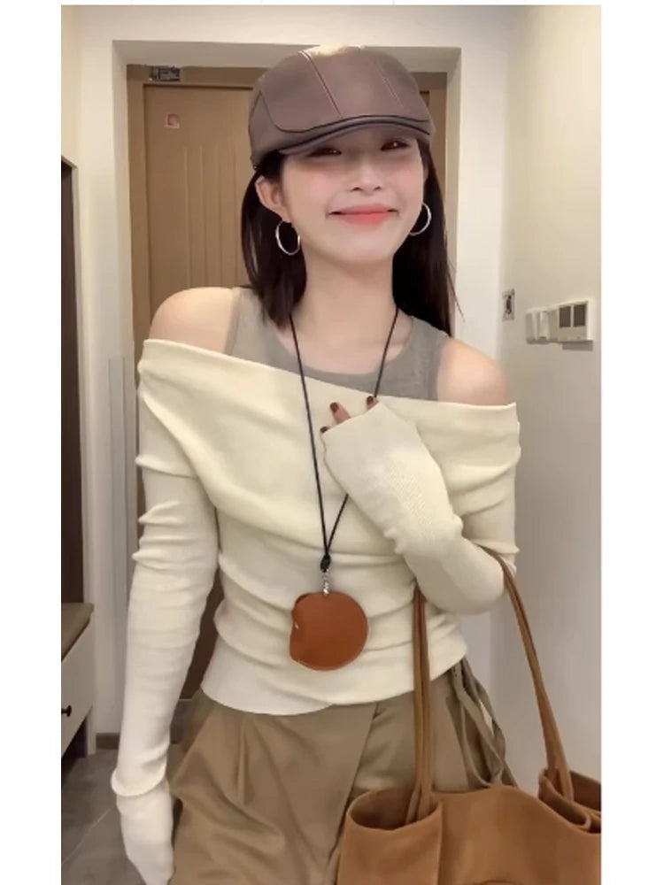 Women's Apricot T-shirt Harajuku Korean Y2k Tees Top Vintage 90s Aesthetic Long Sleeve Slash Neck T-shirts 2000s Clothes Autumn