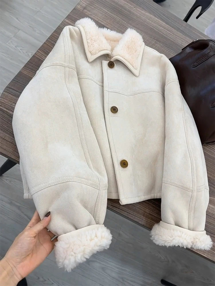 Women's Beige Leather Coat Jacket Vintage Motorcycle Shearling Jackets Y2k Mustang Coats Harajuku Outfits 2000s Winter Clothes