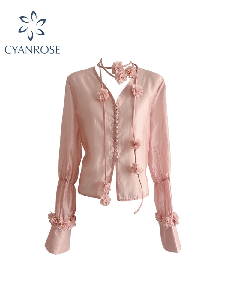 Women's Pink Blouse Shirt Long Sleeve Tops 2023 Korean Fashion Shirt Y2k Loose V-Neck Floral Shirt Ladies Chic Elegant Vintage