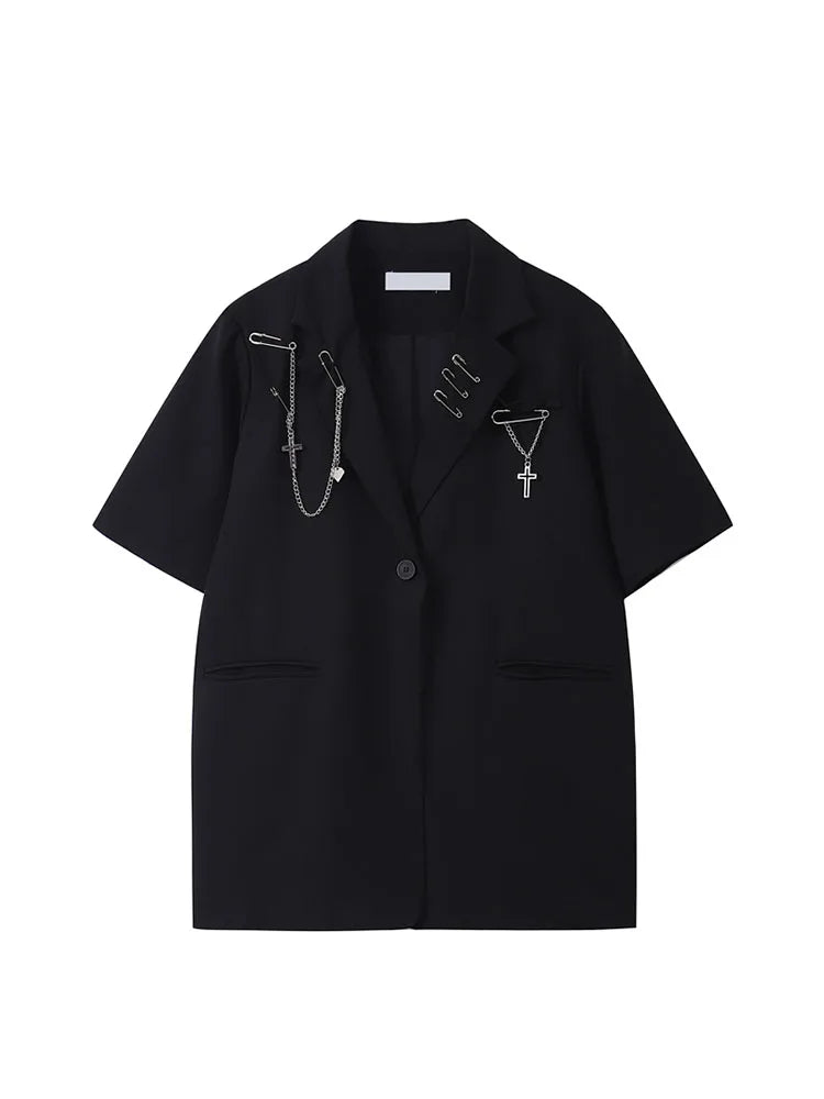 Gothic Punk Cardigan Black Blazer Jacket Coat Women 2022 Summer Short Sleeve High Street Fashion Outerwear Loose Chain Goth Tops