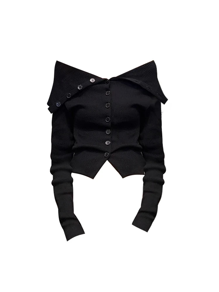 Women's Black Gothic Cardigan Knitted Sweater Harajuku Korean Aesthetic Y2k Long Sleeves Sweaters Jumper Vintage 2000s Clothes