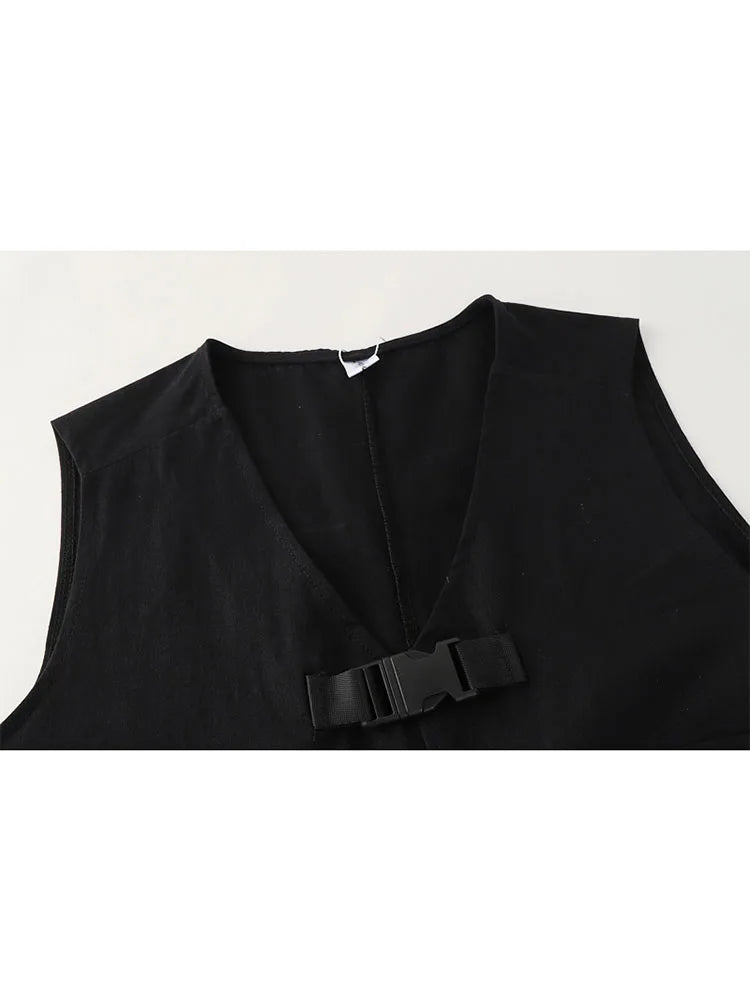 2022 Spring Autumn Women's Two-Piece Sets Streetwear Fashion Tooling Style Vest And Solid Loose Long Sleeve Shirts Female Suit