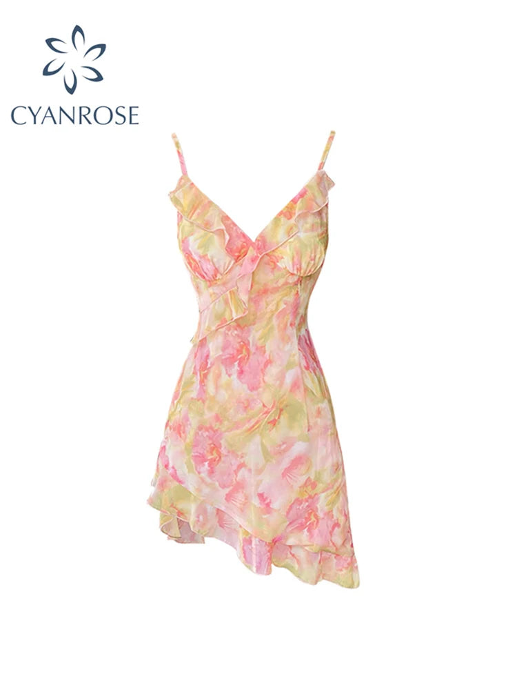 Women Sexy Backless V-Neck Floral Print Suspender Dress Fashion French Elegant Holiday Party Club Sweet Mini Dress 2025 Summer