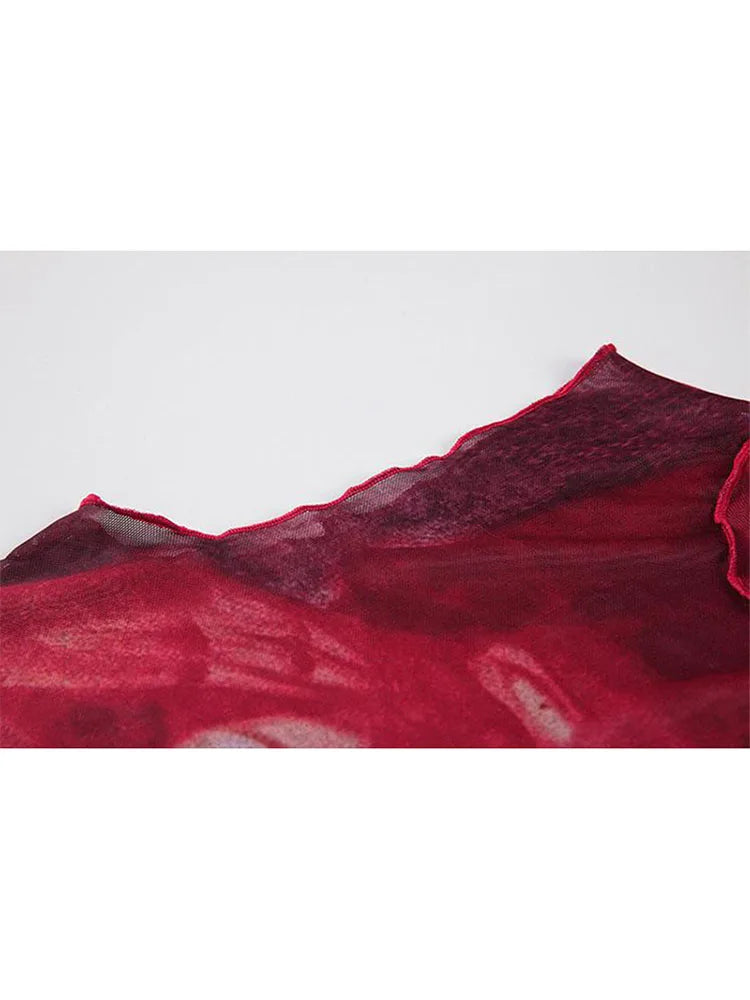 Tie Dye Mesh High Neck Hand Painted Printed Women Top 2022 Summer Fashion Sleeveless Slim T Shirt Lady Holiday Beach Style Tops