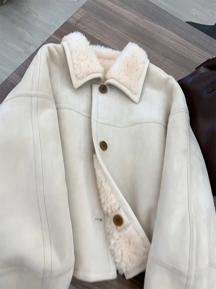 Women's Beige Leather Coat Jacket Vintage Motorcycle Shearling Jackets Y2k Mustang Coats Harajuku Outfits 2000s Winter Clothes