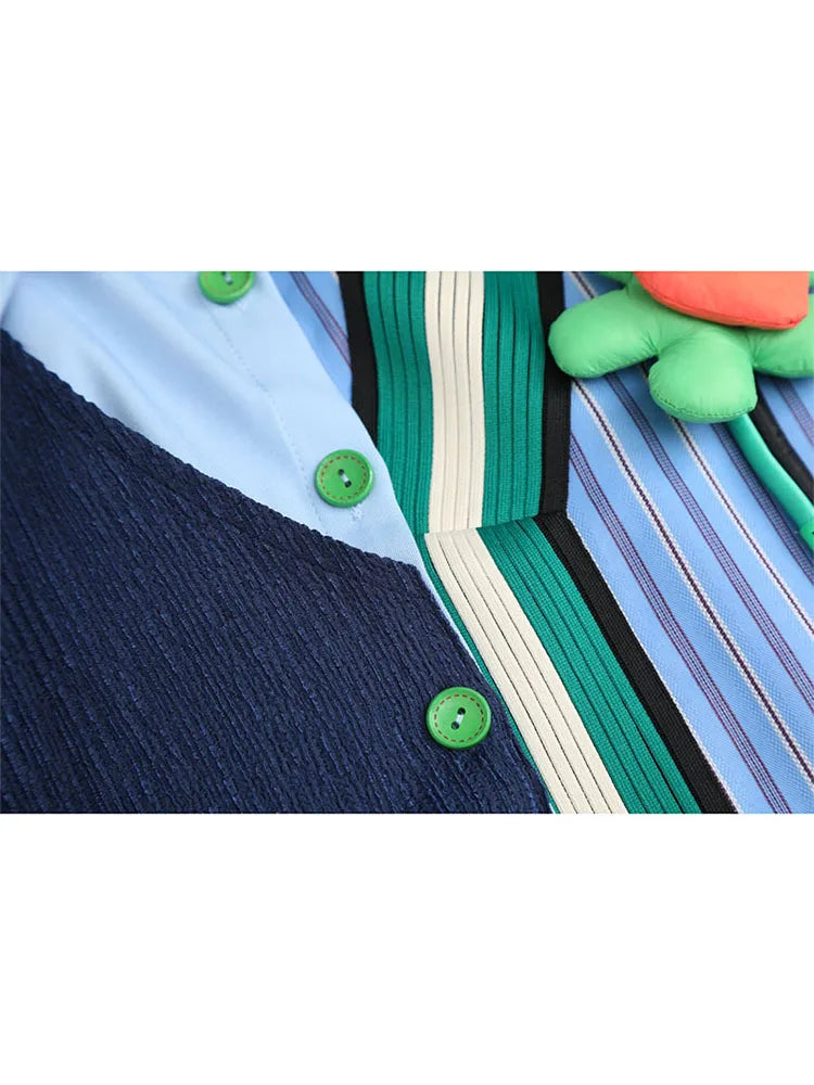 Elegant Women's Fake Two Pieces Striped Patchwork Shirt Chic Vintage Blouses Casual Lapel Collar Long Sleeve Loose Blouse Female